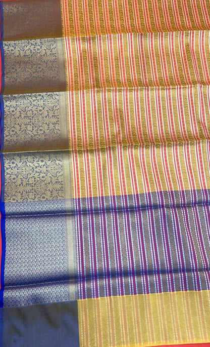 Faishana Presents Beige Zari Strip Kanchi Silk Tanchoi Brocade Contrast Blue Skirt Border Banarasi Saree
