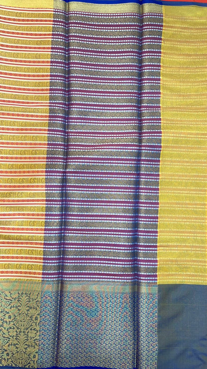 Faishana Presents Beige Zari Strip Kanchi Silk Tanchoi Brocade Contrast Blue Skirt Border Banarasi Saree