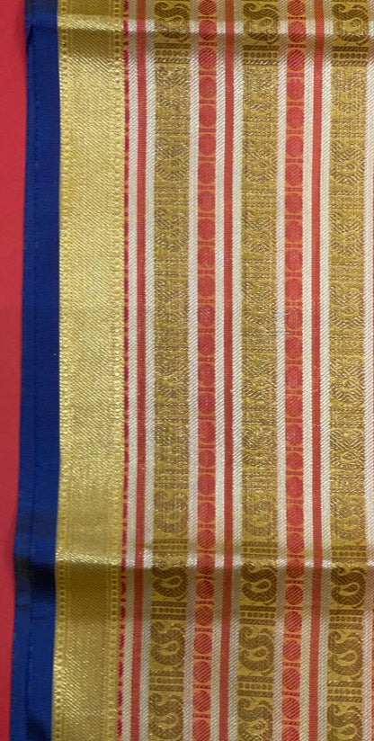 Faishana Presents Beige Zari Strip Kanchi Silk Tanchoi Brocade Contrast Blue Skirt Border Banarasi Saree