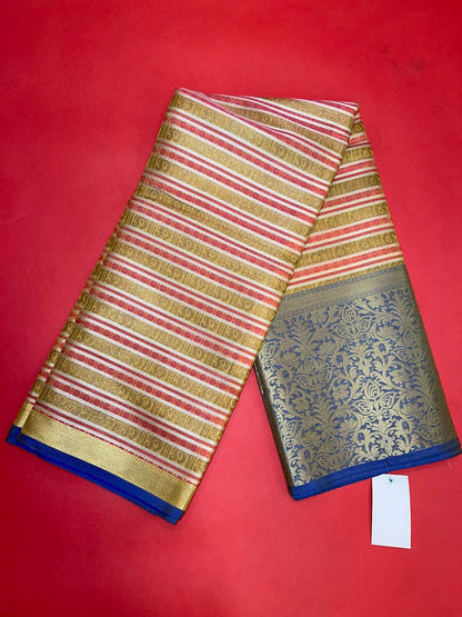 Faishana Presents Beige Zari Strip Kanchi Silk Tanchoi Brocade Contrast Blue Skirt Border Banarasi Saree