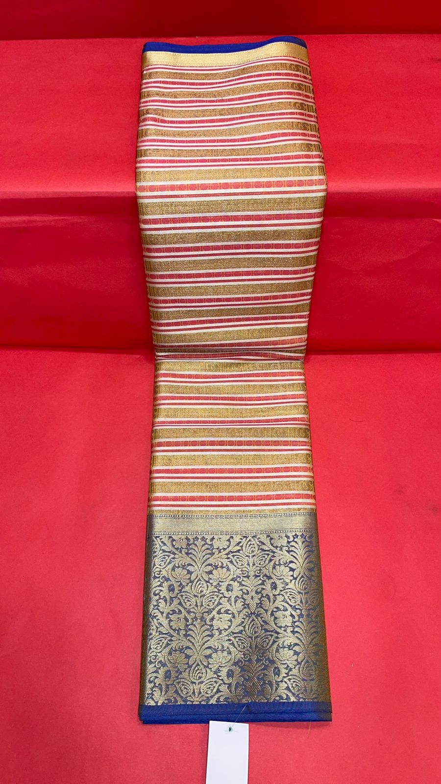 Faishana Presents Beige Zari Strip Kanchi Silk Tanchoi Brocade Contrast Blue Skirt Border Banarasi Saree