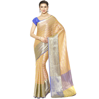Faishana Presents Beige Zari Strip Kanchi Silk Tanchoi Brocade Contrast Blue Skirt Border Banarasi Saree