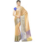 Faishana Presents Beige Zari Strip Kanchi Silk Tanchoi Brocade Contrast Blue Skirt Border Banarasi Saree