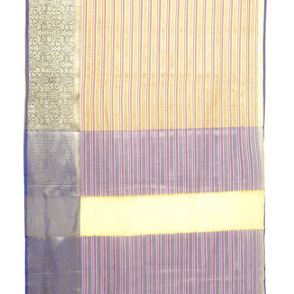 Faishana Presents Beige Zari Strip Kanchi Silk Tanchoi Brocade Contrast Blue Skirt Border Banarasi Saree