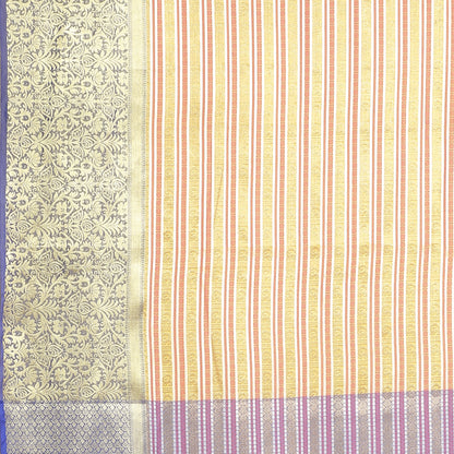Faishana Presents Beige Zari Strip Kanchi Silk Tanchoi Brocade Contrast Blue Skirt Border Banarasi Saree
