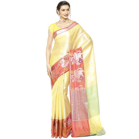Faishana Presents Gold Silver Zari Kanchi Silk Tanchoi Brocade Contrast Pink Skirt Meena Border Banarasi Saree