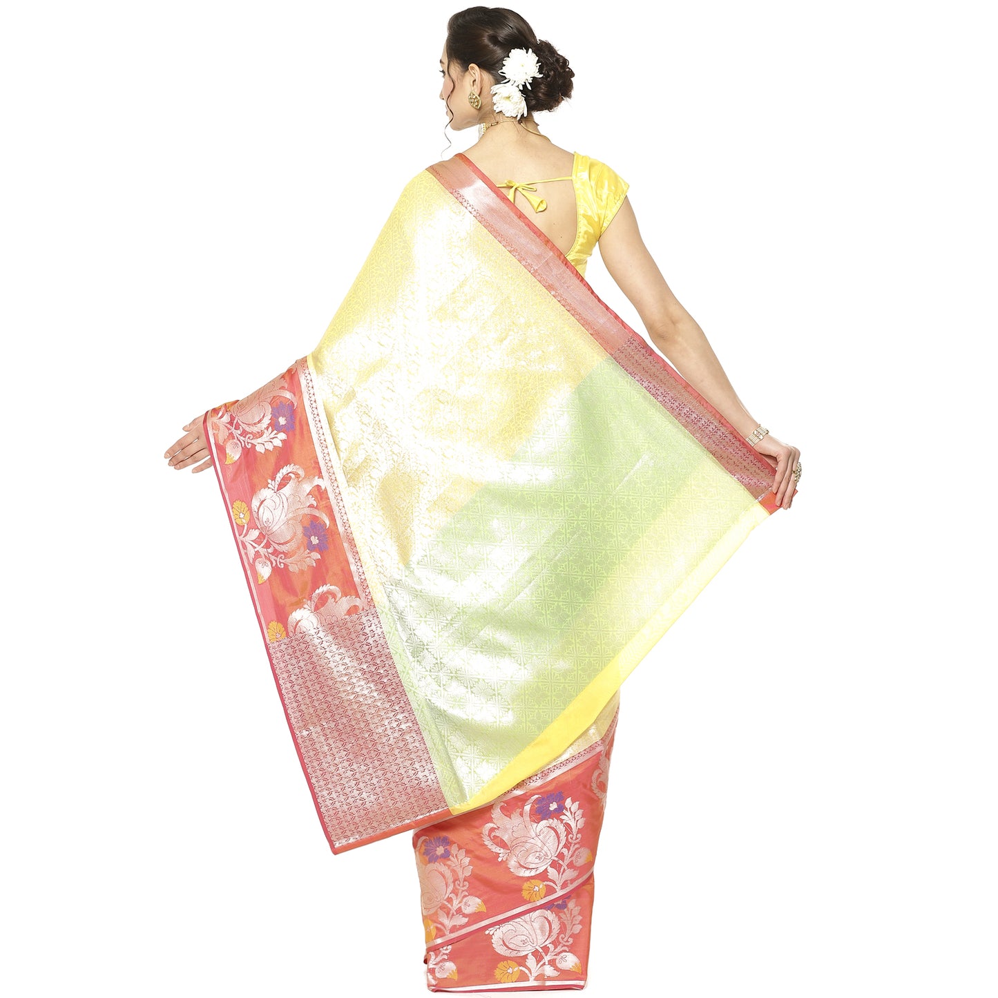 Faishana Presents Gold Silver Zari Kanchi Silk Tanchoi Brocade Contrast Pink Skirt Meena Border Banarasi Saree