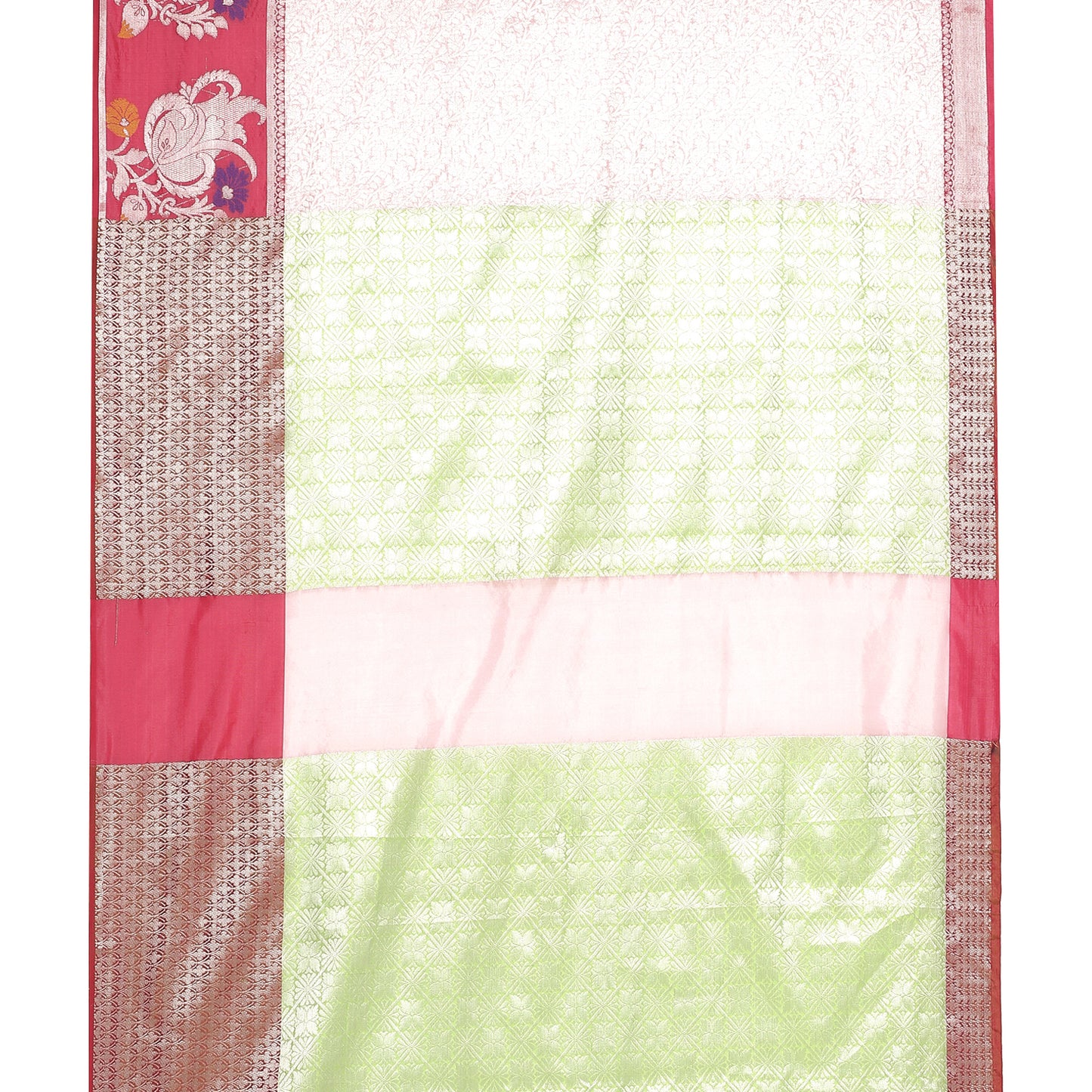 Faishana Presents Pink Silver Zari Kanchi Silk Tanchoi Brocade Contrast Pink Skirt Meena Border Banarasi Saree