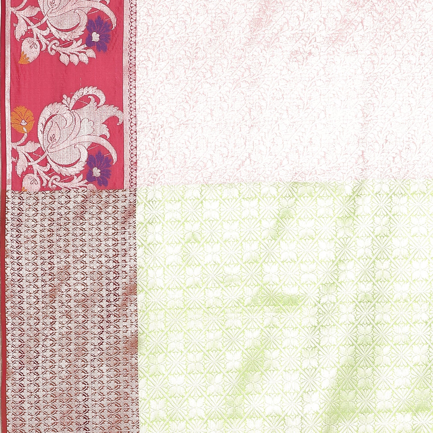 Faishana Presents Pink Silver Zari Kanchi Silk Tanchoi Brocade Contrast Pink Skirt Meena Border Banarasi Saree