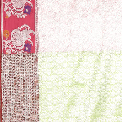 Faishana Presents Pink Silver Zari Kanchi Silk Tanchoi Brocade Contrast Pink Skirt Meena Border Banarasi Saree