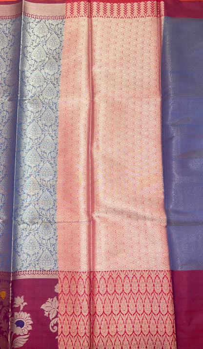 Faishana Presents Blue Silver Zari Kanchi Silk Tanchoi Brocade Contrast Pink Skirt Meena Border Banarasi Saree