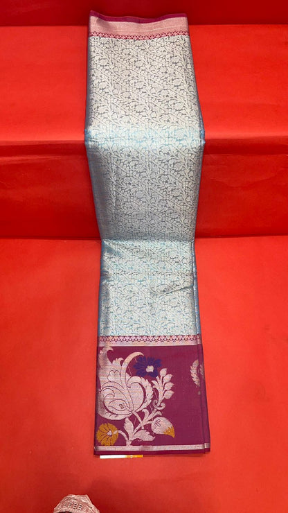 Faishana Presents Blue Silver Zari Kanchi Silk Tanchoi Brocade Contrast Pink Skirt Meena Border Banarasi Saree