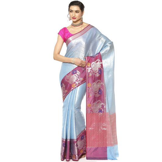Faishana Presents Blue Silver Zari Kanchi Silk Tanchoi Brocade Contrast Pink Skirt Meena Border Banarasi Saree