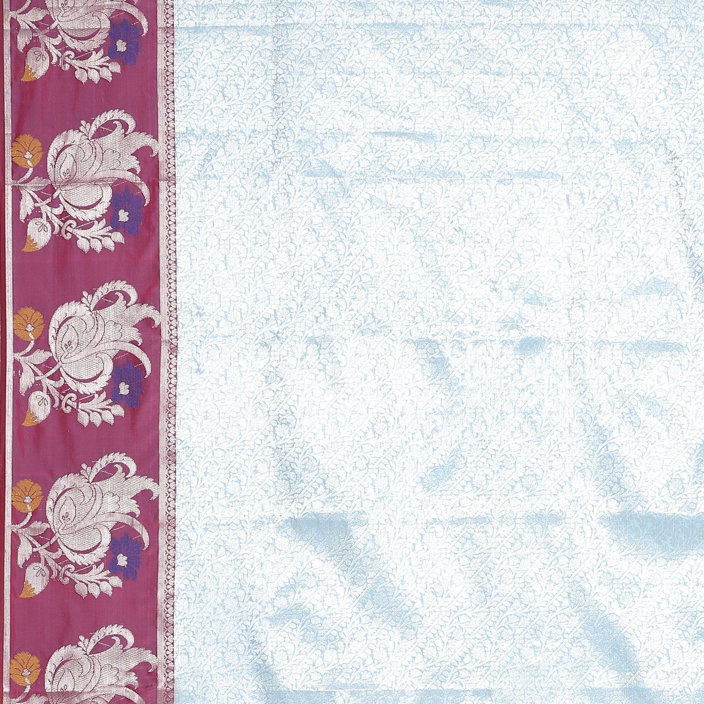 Faishana Presents Blue Silver Zari Kanchi Silk Tanchoi Brocade Contrast Pink Skirt Meena Border Banarasi Saree