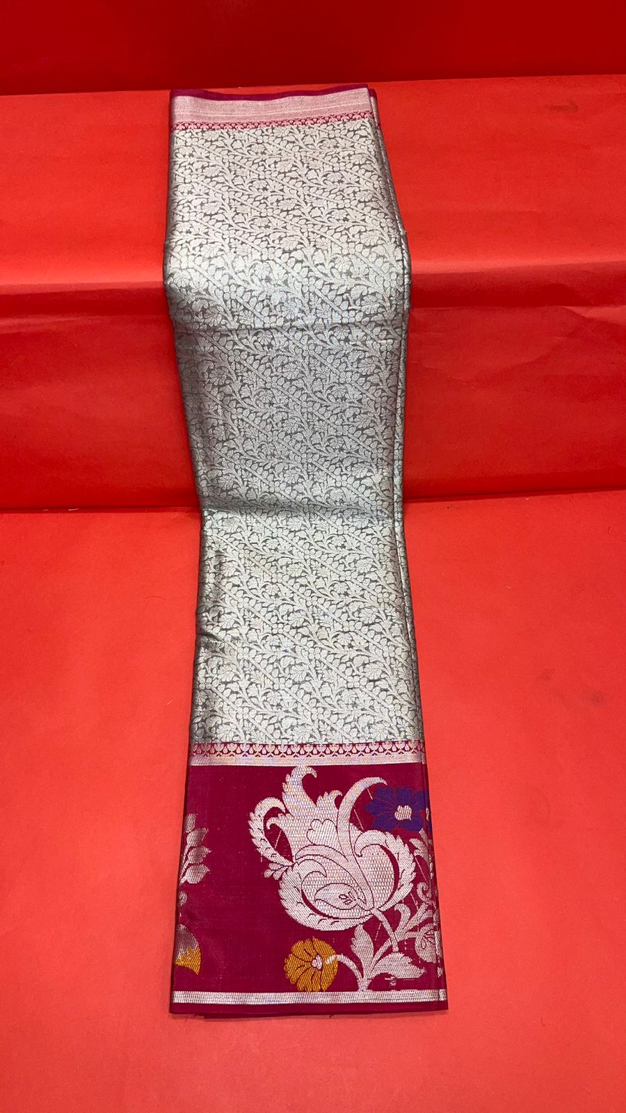 Faishana Presents Grey Silver Zari Kanchi Silk Tanchoi Brocade Contrast Pink Skirt Meena Border Banarasi Saree