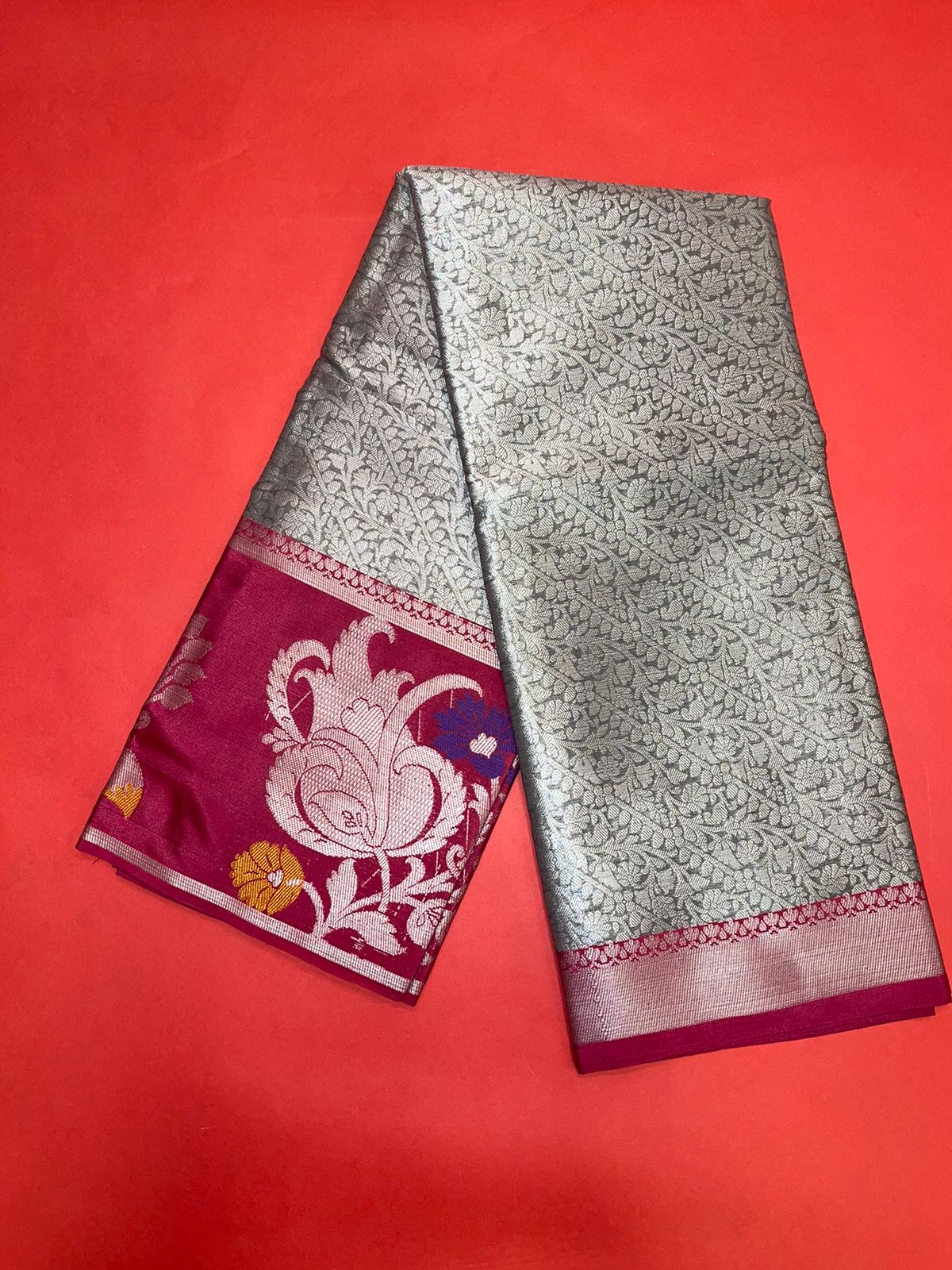 Faishana Presents Grey Silver Zari Kanchi Silk Tanchoi Brocade Contrast Pink Skirt Meena Border Banarasi Saree