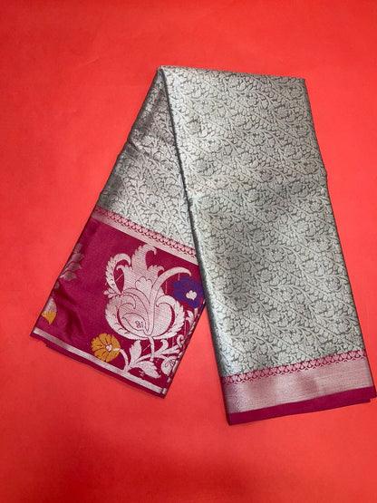 Faishana Presents Grey Silver Zari Kanchi Silk Tanchoi Brocade Contrast Pink Skirt Meena Border Banarasi Saree