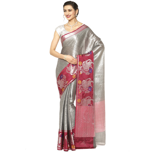 Faishana Presents Grey Silver Zari Kanchi Silk Tanchoi Brocade Contrast Pink Skirt Meena Border Banarasi Saree