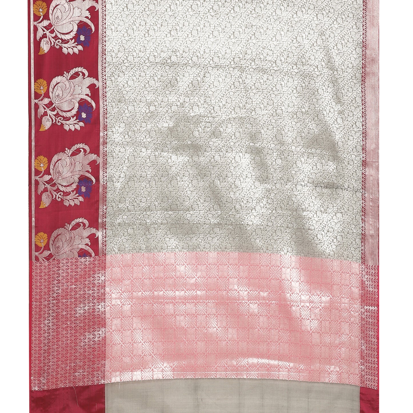 Faishana Presents Grey Silver Zari Kanchi Silk Tanchoi Brocade Contrast Pink Skirt Meena Border Banarasi Saree
