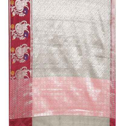Faishana Presents Grey Silver Zari Kanchi Silk Tanchoi Brocade Contrast Pink Skirt Meena Border Banarasi Saree