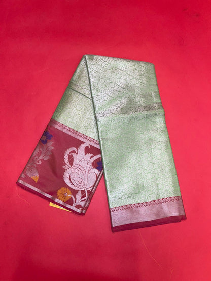 Faishana Presents Green Silver Zari Kanchi Silk Tanchoi Brocade Contrast Pink Skirt Meena Border Banarasi Saree