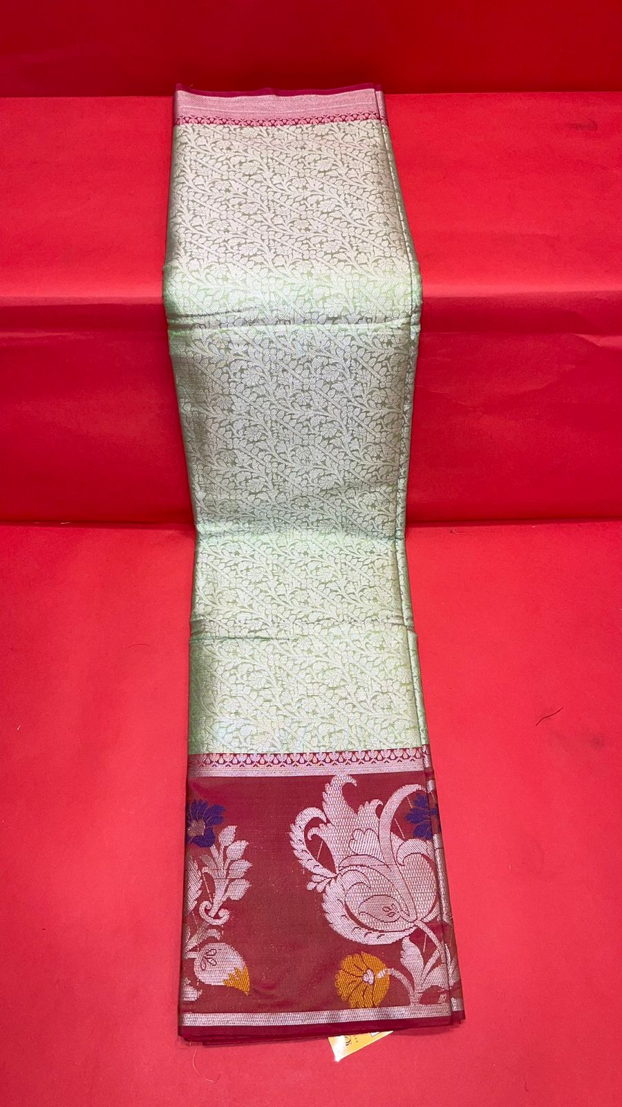 Faishana Presents Green Silver Zari Kanchi Silk Tanchoi Brocade Contrast Pink Skirt Meena Border Banarasi Saree