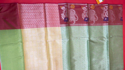 Faishana Presents Green Silver Zari Kanchi Silk Tanchoi Brocade Contrast Pink Skirt Meena Border Banarasi Saree
