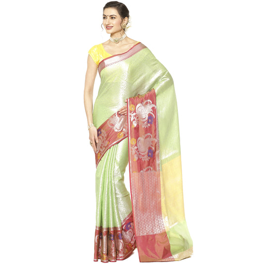 Faishana Presents Green Silver Zari Kanchi Silk Tanchoi Brocade Contrast Pink Skirt Meena Border Banarasi Saree
