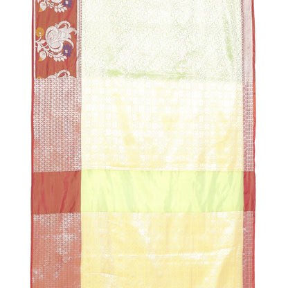Faishana Presents Green Silver Zari Kanchi Silk Tanchoi Brocade Contrast Pink Skirt Meena Border Banarasi Saree