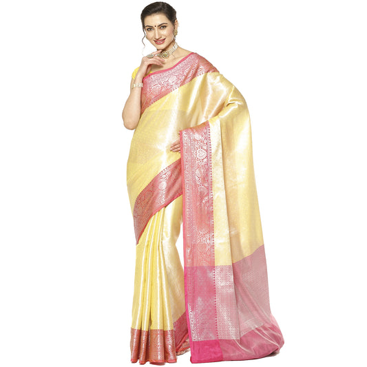 Faishana Presents Gold Silver Zari Kanchi Silk Tanchoi Brocade Contrast Pink Skirt Meena Border Banarasi Saree