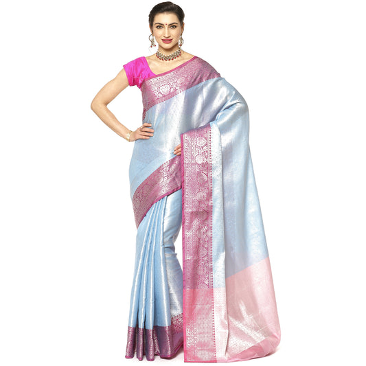 Faishana Presents Blue Silver Zari Kanchi Silk Tanchoi Brocade Contrast Pink Skirt Meena Border Banarasi Saree