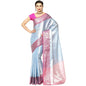 Faishana Presents Blue Silver Zari Kanchi Silk Tanchoi Brocade Contrast Pink Skirt Meena Border Banarasi Saree