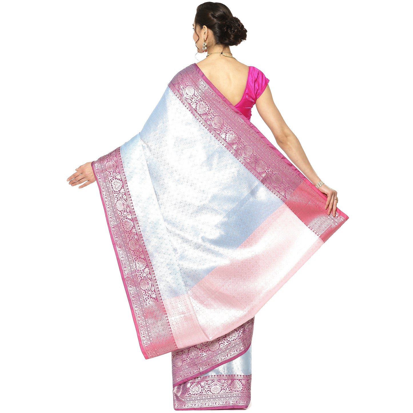 Faishana Presents Blue Silver Zari Kanchi Silk Tanchoi Brocade Contrast Pink Skirt Meena Border Banarasi Saree