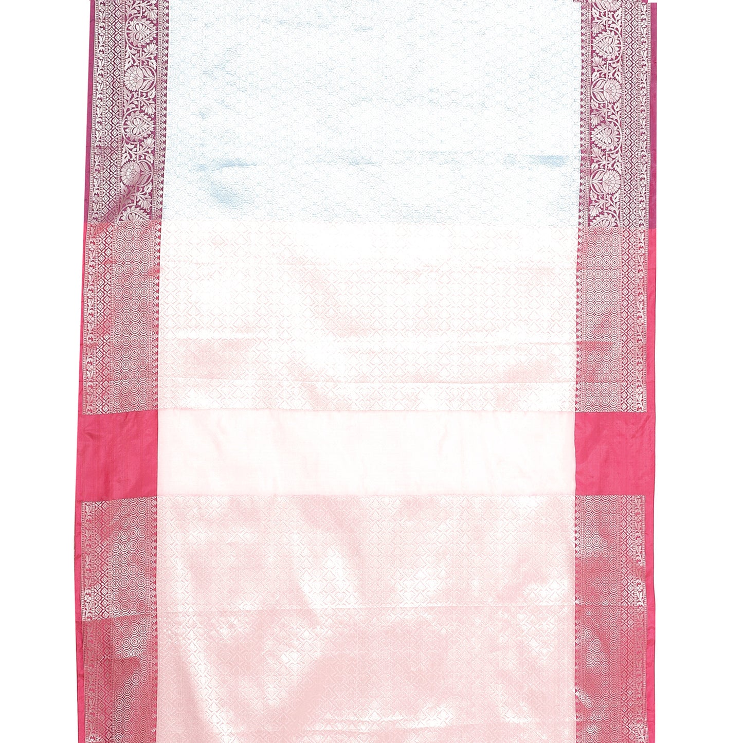 Faishana Presents Blue Silver Zari Kanchi Silk Tanchoi Brocade Contrast Pink Skirt Meena Border Banarasi Saree