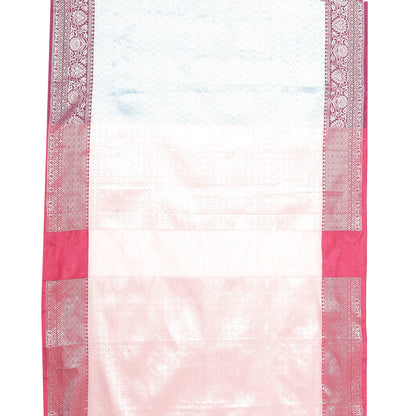 Faishana Presents Blue Silver Zari Kanchi Silk Tanchoi Brocade Contrast Pink Skirt Meena Border Banarasi Saree
