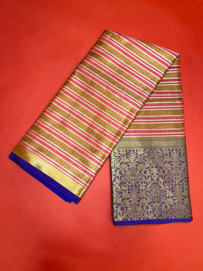Faishana Presents Light Red Zari Strip Kanchi Silk Tanchoi Brocade Contrast Purple Skirt Border Banarasi Saree