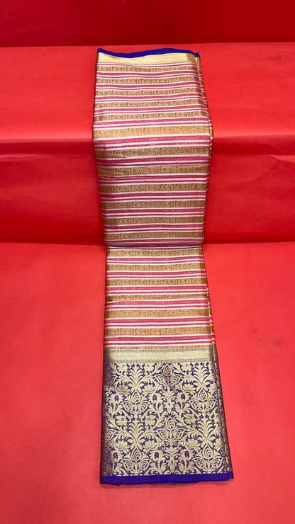 Faishana Presents Light Red Zari Strip Kanchi Silk Tanchoi Brocade Contrast Purple Skirt Border Banarasi Saree