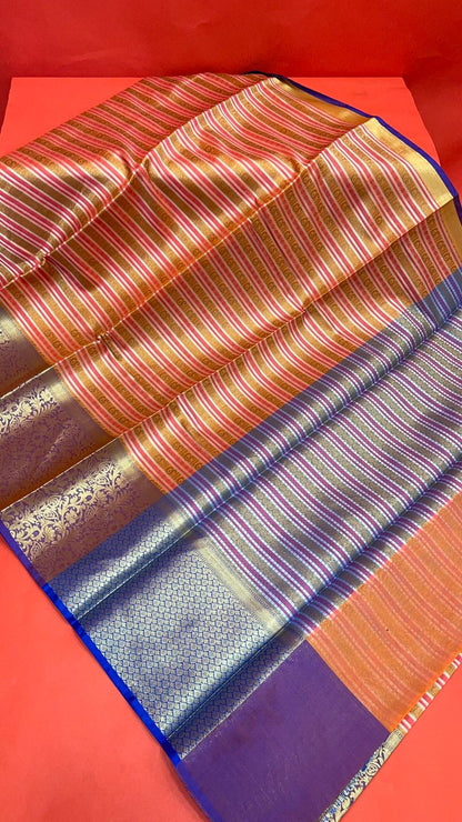 Faishana Presents Light Red Zari Strip Kanchi Silk Tanchoi Brocade Contrast Purple Skirt Border Banarasi Saree