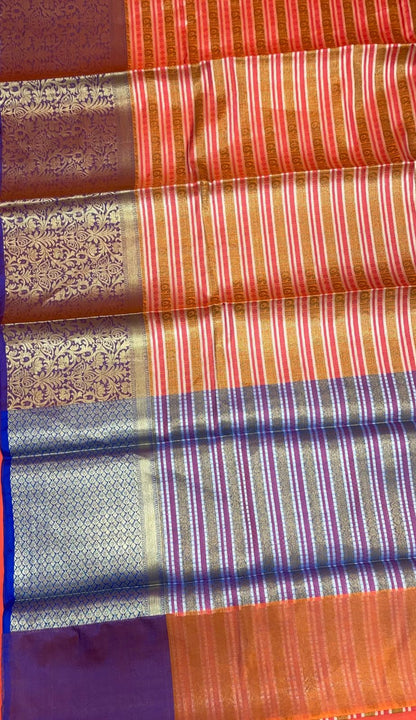 Faishana Presents Light Red Zari Strip Kanchi Silk Tanchoi Brocade Contrast Purple Skirt Border Banarasi Saree