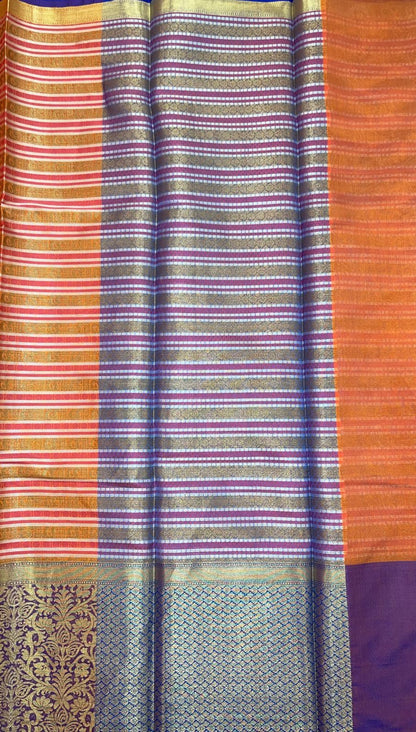 Faishana Presents Light Red Zari Strip Kanchi Silk Tanchoi Brocade Contrast Purple Skirt Border Banarasi Saree