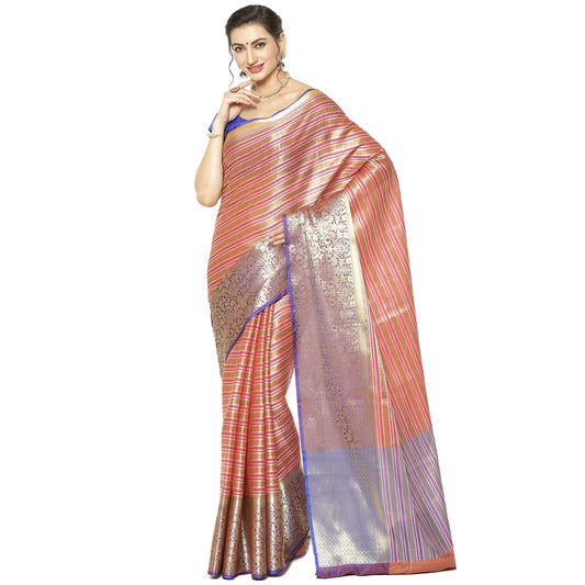 Faishana Presents Light Red Zari Strip Kanchi Silk Tanchoi Brocade Contrast Purple Skirt Border Banarasi Saree