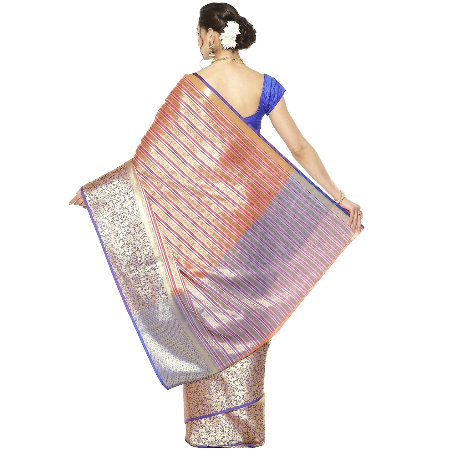 Faishana Presents Light Red Zari Strip Kanchi Silk Tanchoi Brocade Contrast Purple Skirt Border Banarasi Saree