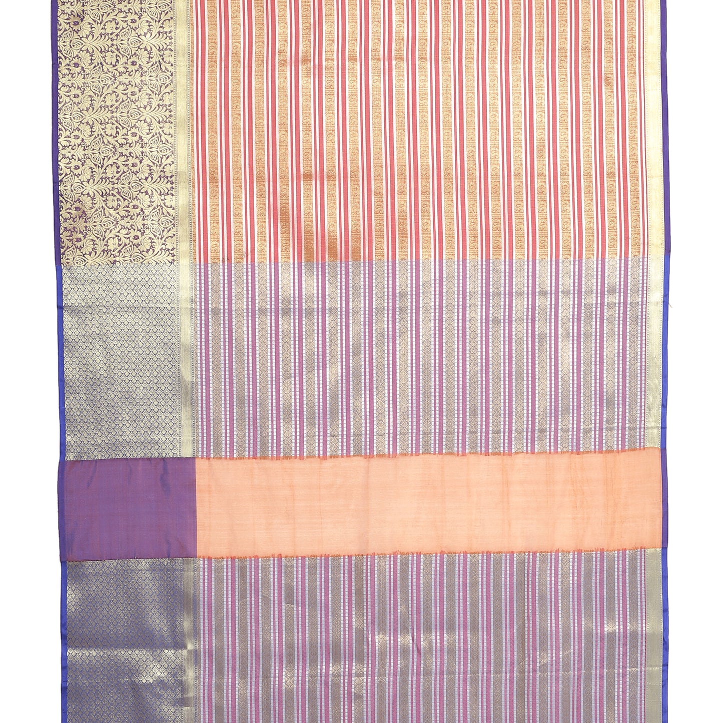 Faishana Presents Light Red Zari Strip Kanchi Silk Tanchoi Brocade Contrast Purple Skirt Border Banarasi Saree