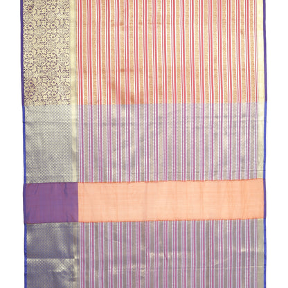 Faishana Presents Light Red Zari Strip Kanchi Silk Tanchoi Brocade Contrast Purple Skirt Border Banarasi Saree