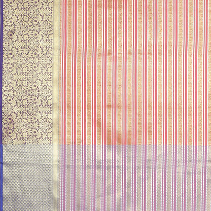 Faishana Presents Light Red Zari Strip Kanchi Silk Tanchoi Brocade Contrast Purple Skirt Border Banarasi Saree