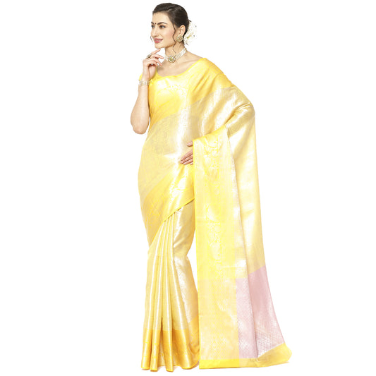 Faishana Presents Gold Silver Zari Kanchi Silk Tanchoi Brocade Contrast Gold Skirt Meena Border Banarasi Saree