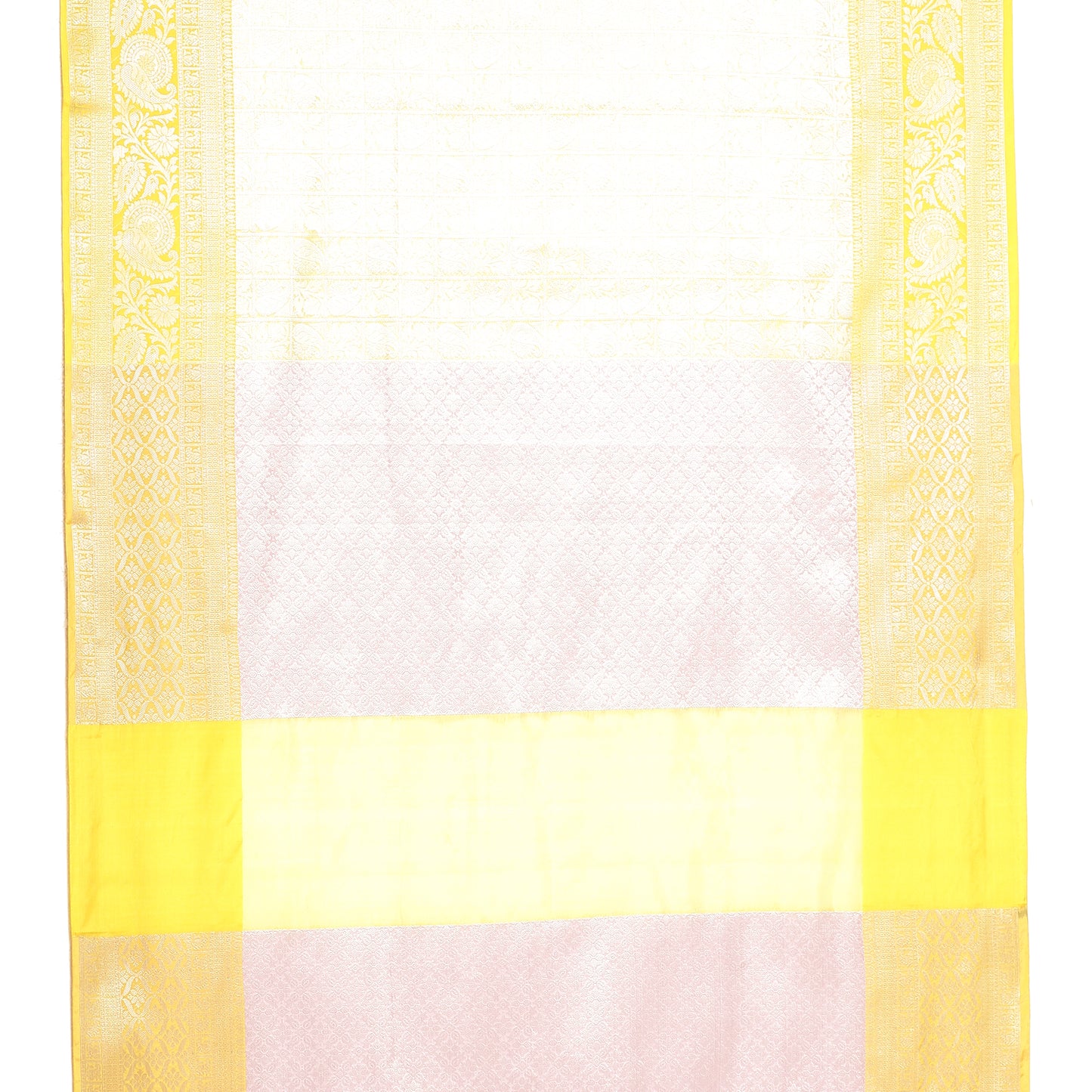 Faishana Presents Gold Silver Zari Kanchi Silk Tanchoi Brocade Contrast Gold Skirt Meena Border Banarasi Saree