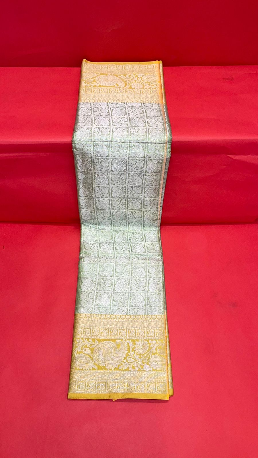 Faishana Presents Green Silver Zari Kanchi Silk Tanchoi Brocade Contrast Gold Skirt Meena Border Banarasi Saree