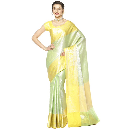 Faishana Presents Green Silver Zari Kanchi Silk Tanchoi Brocade Contrast Gold Skirt Meena Border Banarasi Saree