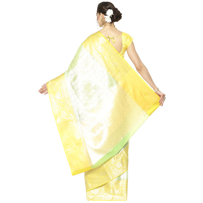 Faishana Presents Green Silver Zari Kanchi Silk Tanchoi Brocade Contrast Gold Skirt Meena Border Banarasi Saree